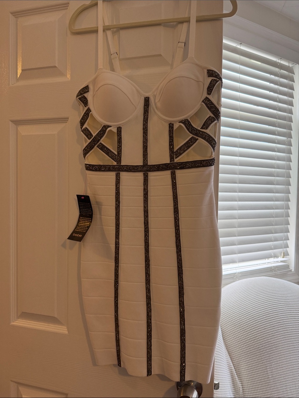 Bebe Bandage Dress - Never worn! White with metal grey stones all over dress!